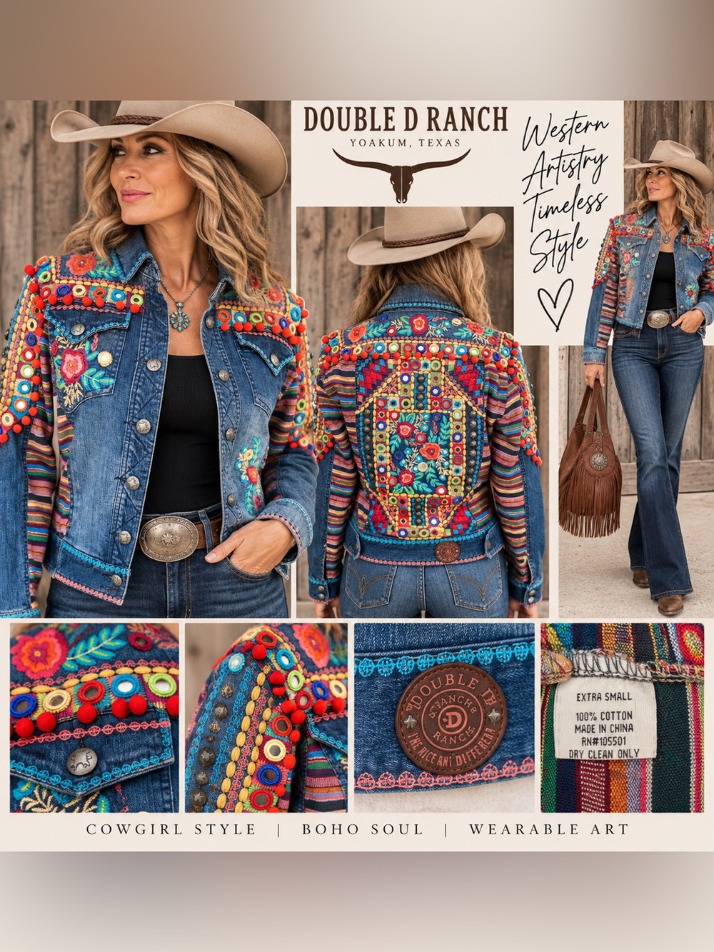 Double D Ranch XS Embroidered Mirror Pom Pom Denim Jacket Western Boho